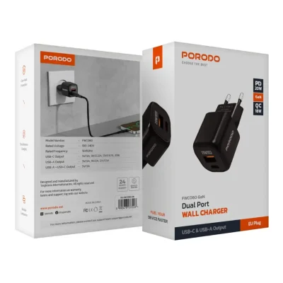 Porodo-Dual-Port-Wall-Charger-with-C-to-C-C-to-L-Cable-Black
